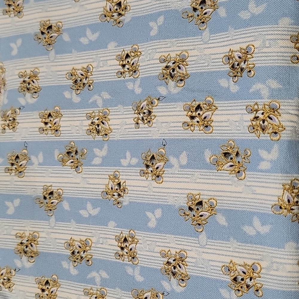 100% Cotton Stripe in blue with gold embellished flowers print fabric - 0.9 yard